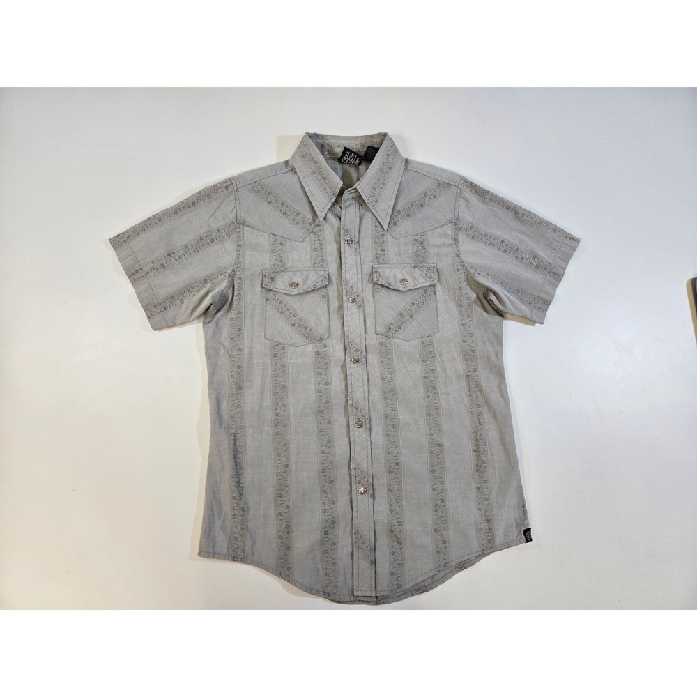 Empyre Mens Grey S/S Pearl Snap Shirt Damask Stripe Size Small MISSING TOP BTN